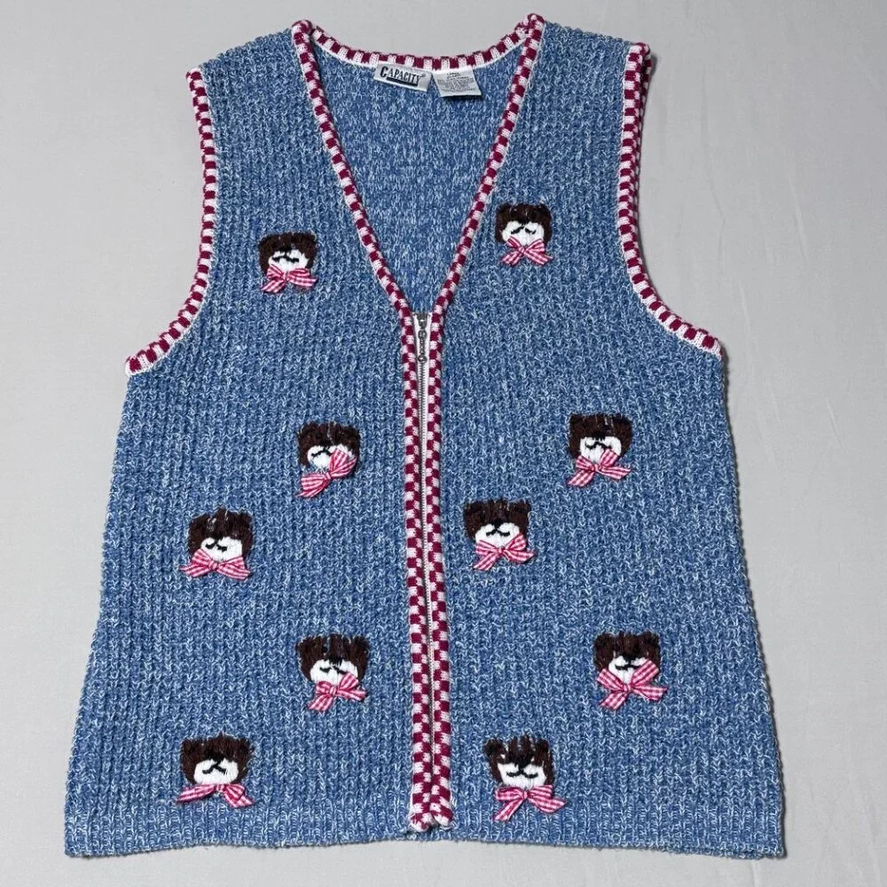 Vintage Capacity Teddy Bear‎ Sweater Vest Large Blue Knit Red Gingham Bow Ramie